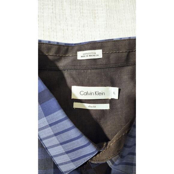 Calvin Klein L Button Down Shirt Men's XL Slim Fit Blue Plaid Long‎ Sleeve - Picture 3 of 9